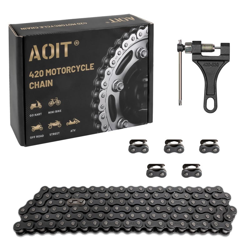 AOIT 420 Motorcycle Chain Total 90 Links - 420 Standard Roller Chain for 110cc 125cc Go Kart Dirt Pit Bike ATV Quad Scooter Mini Bike, Free Chain Breaker Included - Image 1
